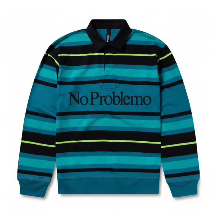 No Problemo Men's Striped Long Sleeve Rugby Shirt Aqua