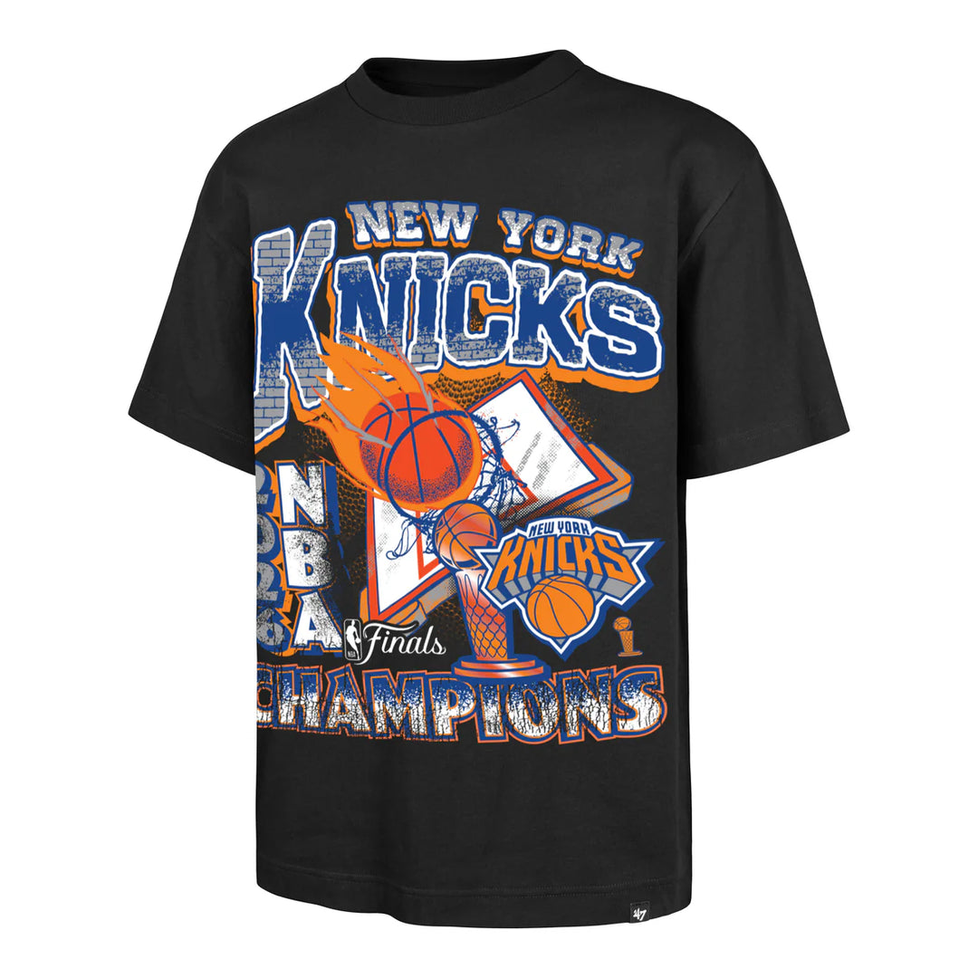 Black t-shirt with New York Knicks basketball graphics and text on a white background